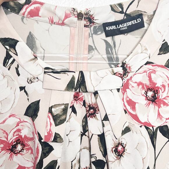 KARL LAGERFELD Vianne Floral Pleated Bow Blouse 3/4 Sleeve Cream Multi Womens L - Picture 5 of 9